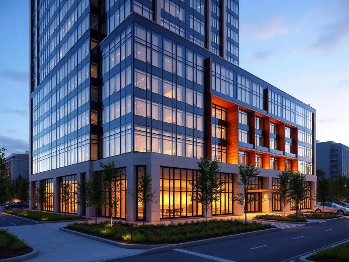 Photorealistic AI commercial building rendering of a glass and concrete office at dusk