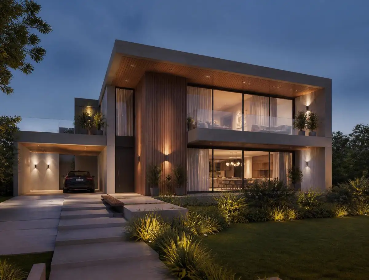 Photorealistic AI exterior house rendering with mixed siding, stone base, and landscaping