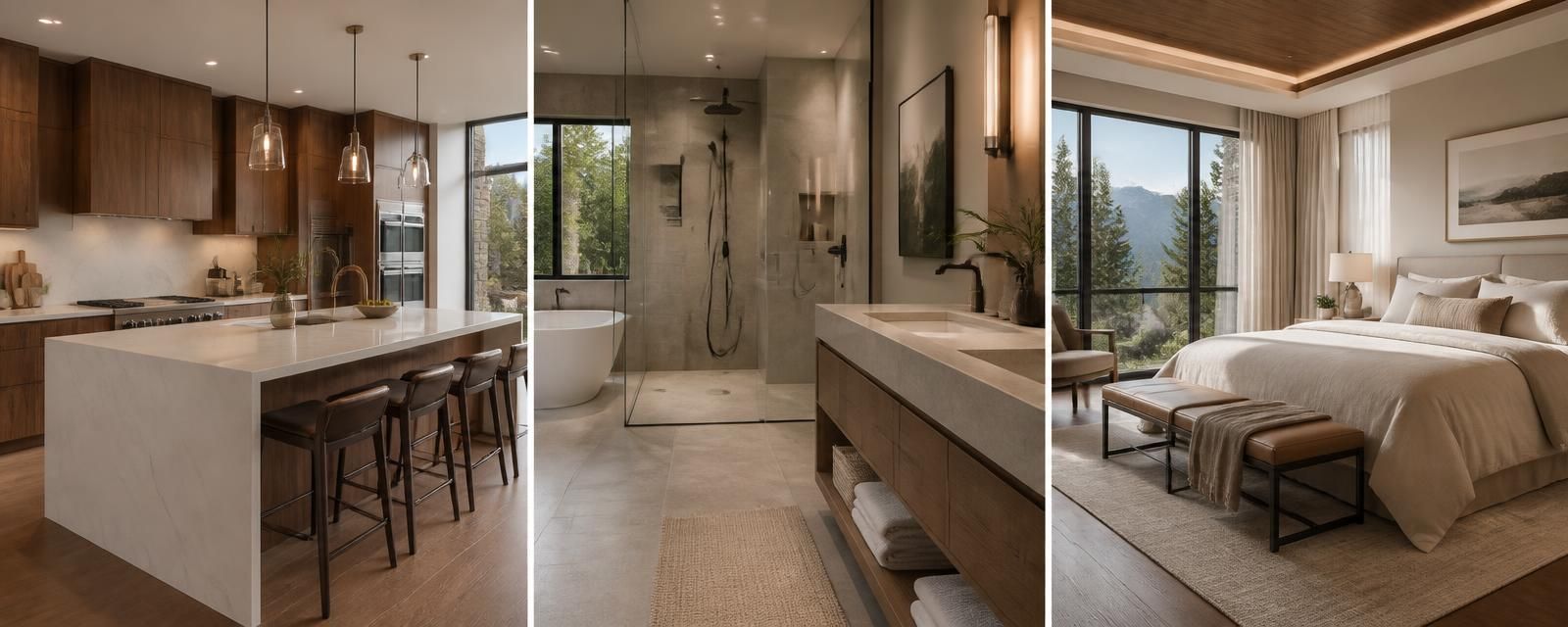 AI 3D renderings of a luxury kitchen, spa bathroom, and primary bedroom