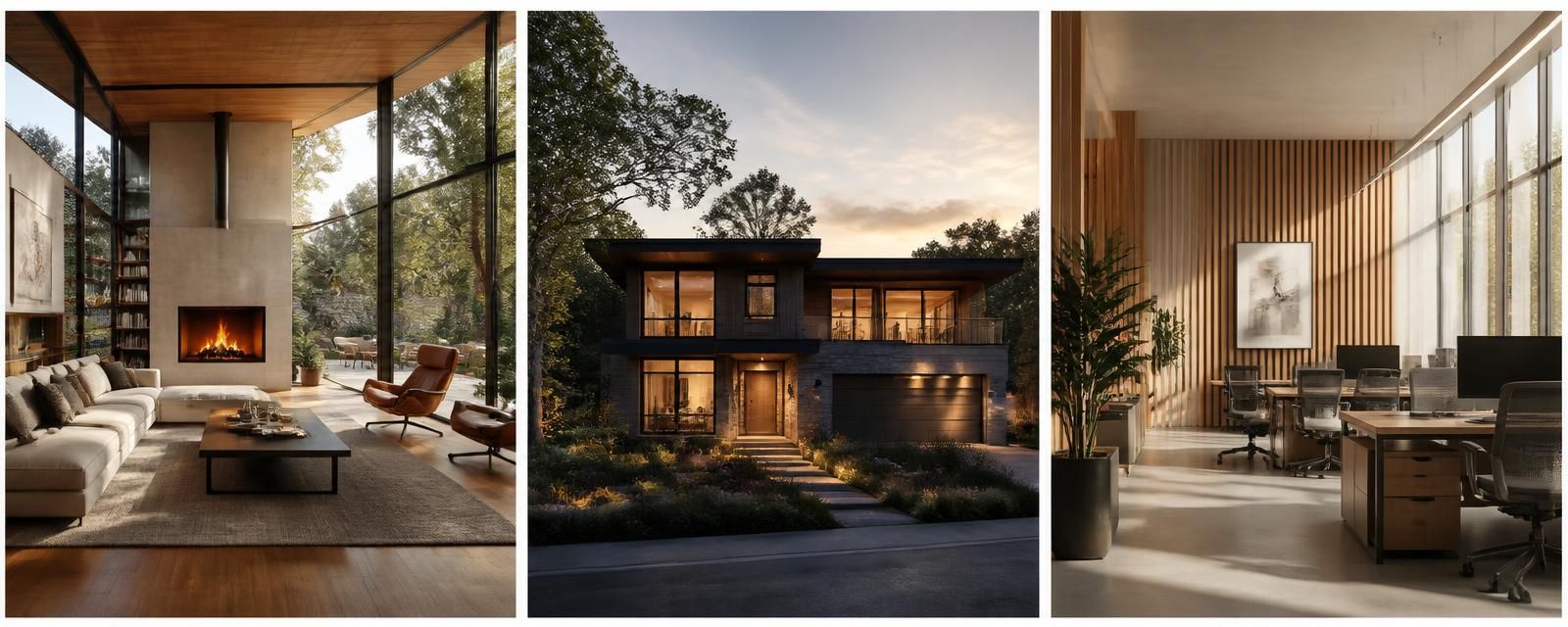 AI 3D renderings of a living room, modern home exterior at dusk, and an office workspace